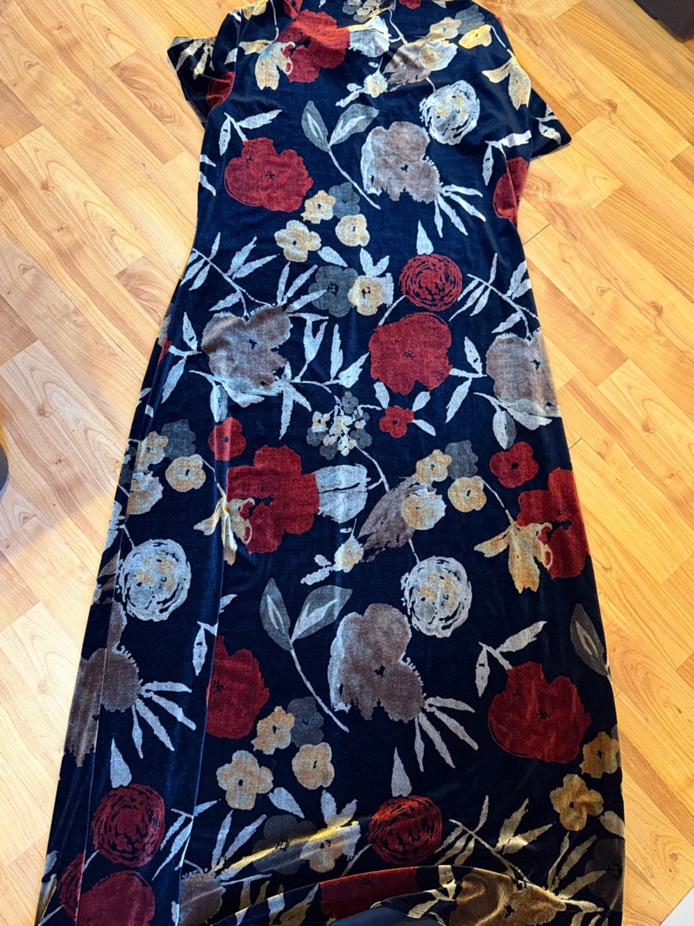 Studio C Black Velvet Maxi Dress with Red, Gold and Cream Floral Print